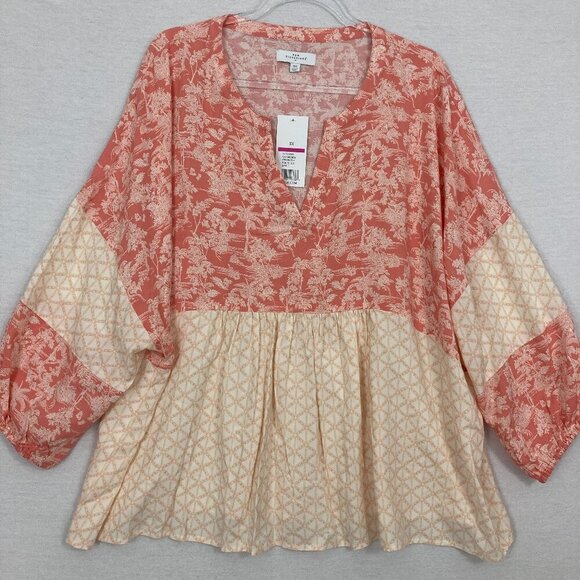 NWT New Directions Pink Cream Floral Boho Patchwork Puff Sleeve Rayon Top 3X - Picture 1 of 10